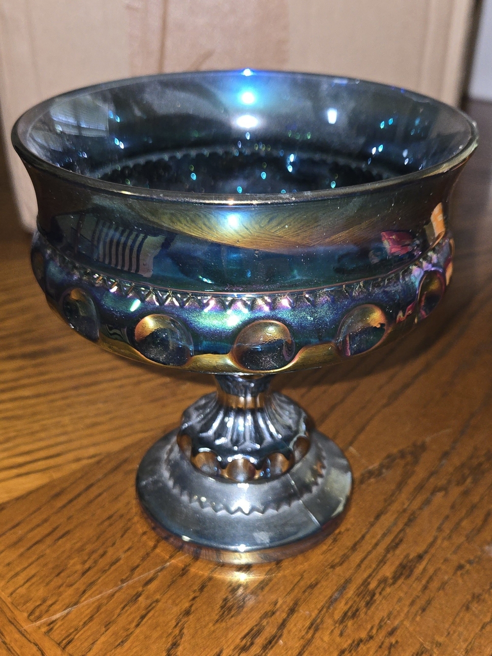 Vintage Indiana Glass Blue Carnival Kings Crown Iridescent Blue Glass Compote